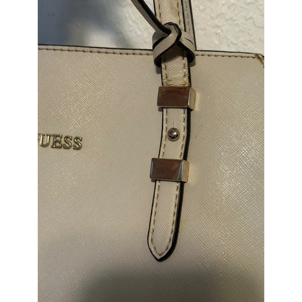 Guess Cream Saffiano PVC Tote Bag Silver Hardware Off White Shoulder Bag
